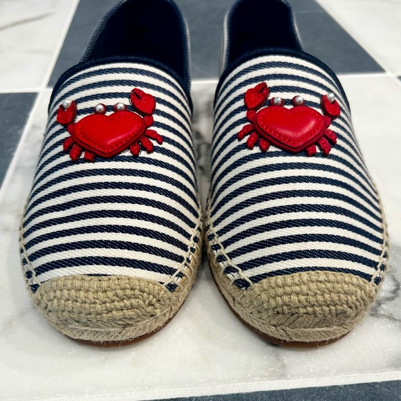 Kate Spade Navy and White Striped Espadrilles with Red Crab Appliqué - Picture 4 of 6